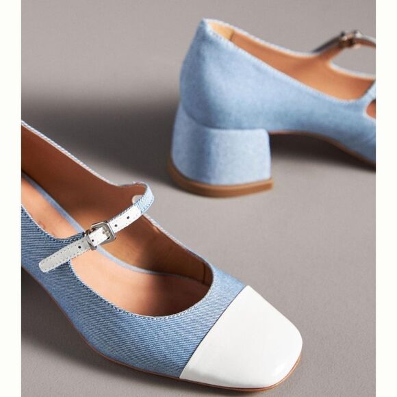 Anthropologie Vicenza Blue White Textile Buckled Strappy Mary Janes Chunky Heels - Picture 2 of 9